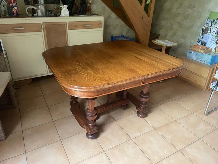 Table de salle à manger ancienne en chêne, restaurée et remise en teinte